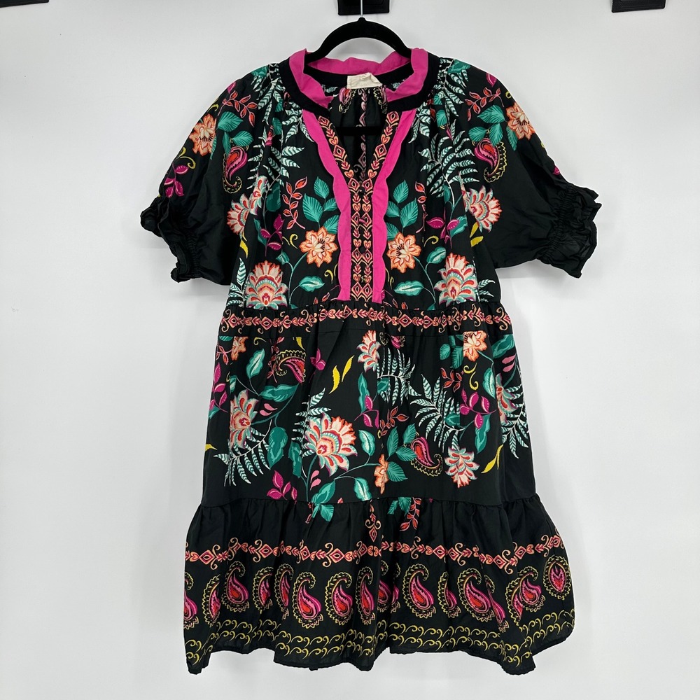 Umgee Boutique Black Mini Tiered Puff Sleeve Dress Vibrant Floral Ruffles L FLAW